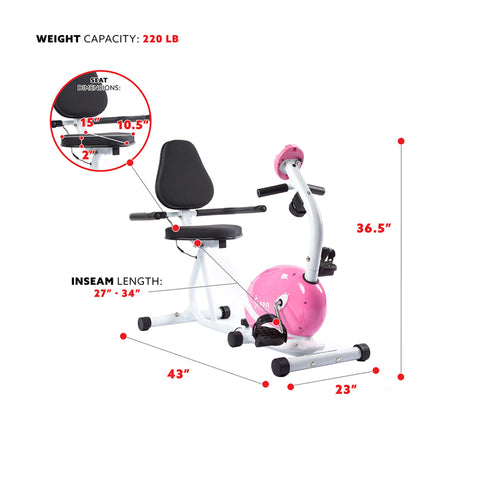 Image of Sunny Health & Fitness Pink Magnetic Recumbent Bike - P8400 - Treadmills and Fitness World